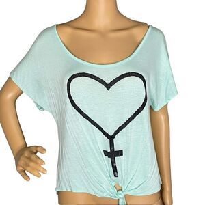Miss Popular Aqua and Black Tie Front Blouse With Heart Size Large